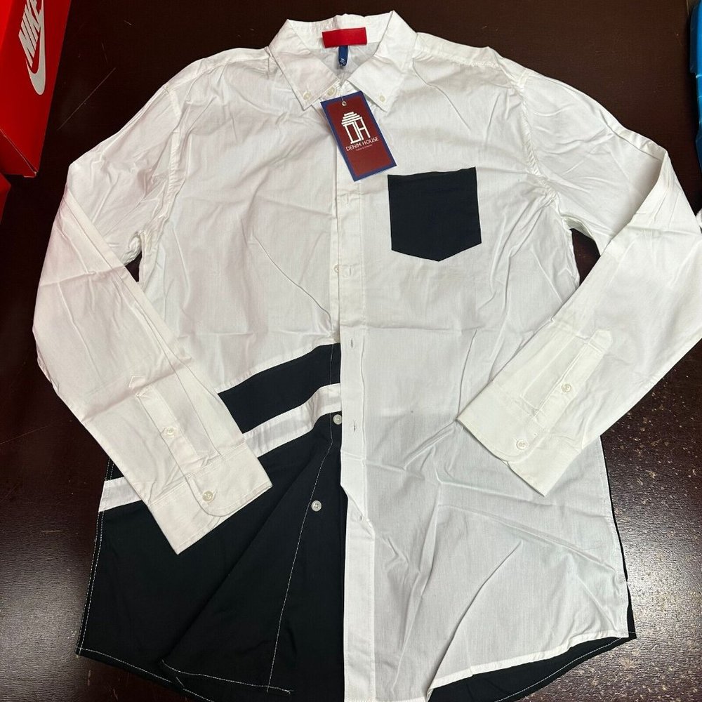 Denim House Mens White Poplin Piecing Long Sleeve Collared Button Up Shirt Sz L